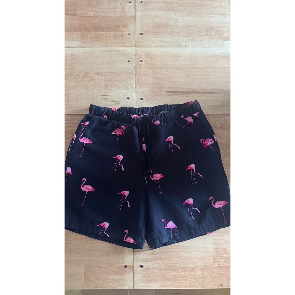 SHEIN Mens Black Pink Flamingo Print Elastic Waist Casual Shorts Size M